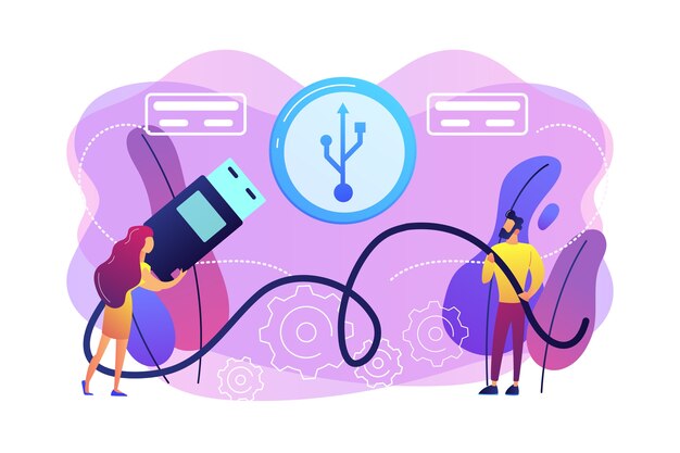 Empresario y mujer eligiendo puerto para insertar cable y símbolo USB. Conexión USB, estándar de puerto USB, concepto de comunicaciones de datos digitales. Ilustración aislada violeta vibrante brillante