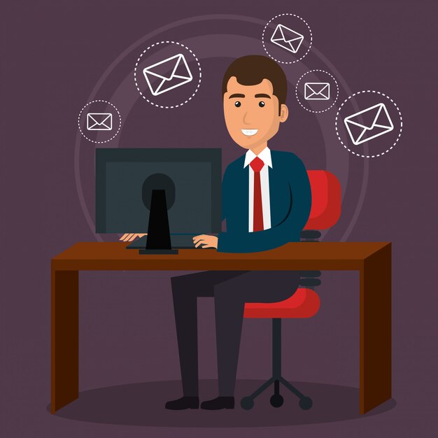 empresario en la oficina con iconos de marketing por correo electrónico