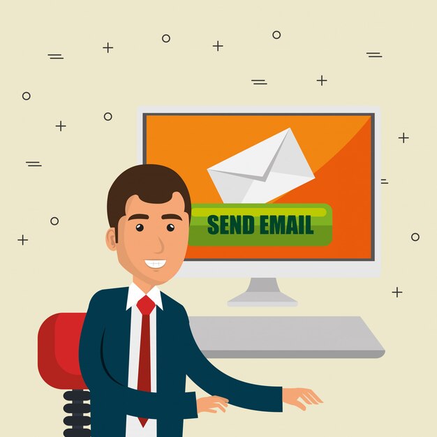 Vector gratuito empresario en la oficina con iconos de marketing por correo electrónico