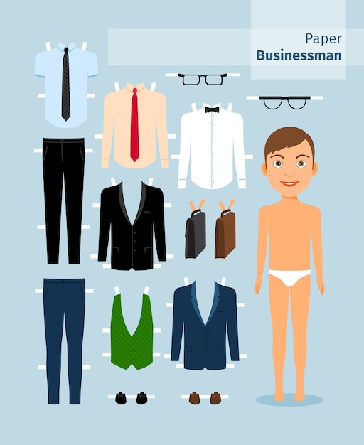 Vector gratuito empresario de papel. traje y camisa, gafas y maletín. linda muñeca de papel de vestir. plantilla de cuerpo. colección empresarial.