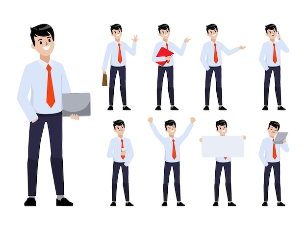 Empresario en pose de personaje de trabajador de oficina establecido Diseño de personas de dibujos animados plana