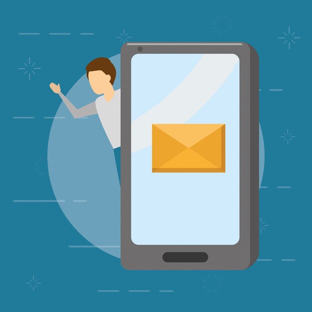 Empresario con smartphone con sobre, concepto de correo electrónico, estilo plano