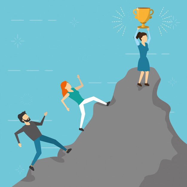 Empresarios escalando el trofeo de montaña, estilo plano