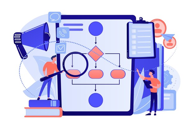 Empresarios con lupa mirando el diagrama de flujo de procesos de negocio. Reglas y regulaciones comerciales, política principal de la empresa, ilustración del concepto de análisis empresarial de TI