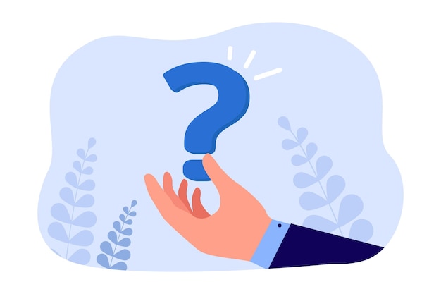 Empresarios mano sujetando el signo de interrogación. Persona que pide respuesta, ayuda y soporte ilustración vectorial plana. Preguntas frecuentes, interrogación, concepto de dificultad para banner, diseño de sitio web o página web de destino