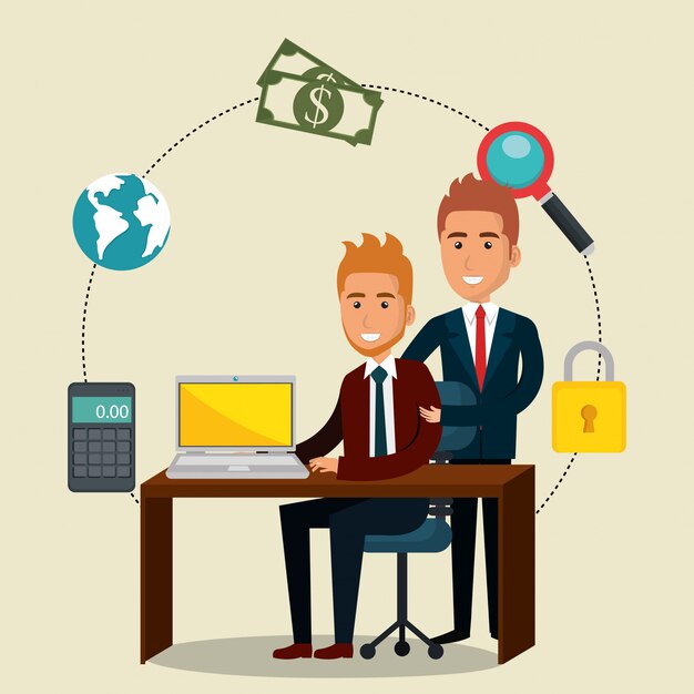 empresarios en la oficina con iconos de marketing por correo electrónico