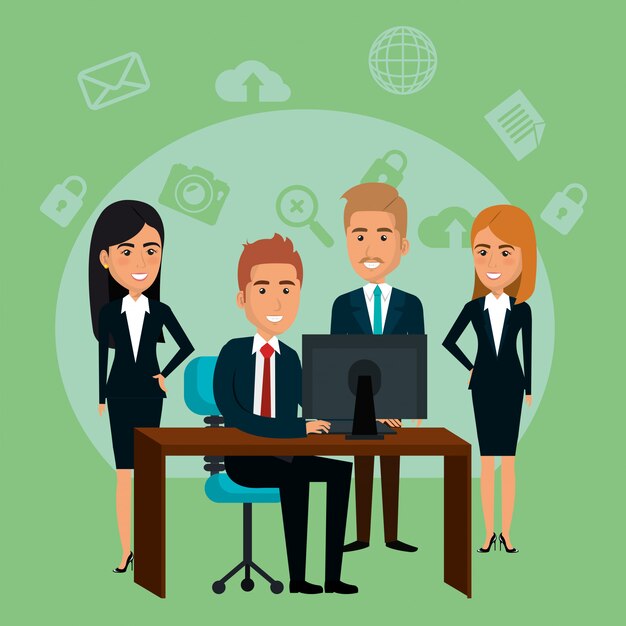 empresarios en la oficina con iconos de marketing por correo electrónico