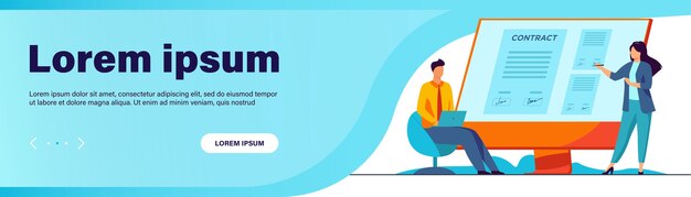 Empresarios que firman contrato en línea. Socios que colocan firmas para documentar en la ilustración de vector plano del monitor