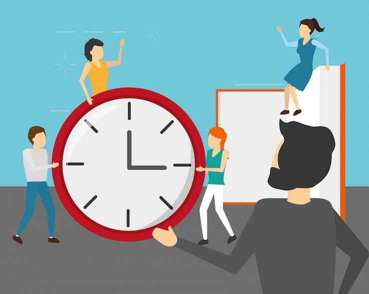 Vector gratuito empresarios con reloj y libro, estilo plano