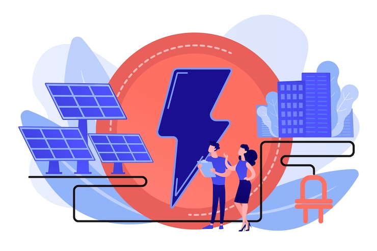 Vector gratuito los empresarios utilizan paneles de energía solar para producir electricidad para la ciudad