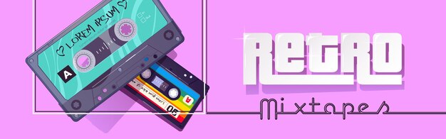 Encabezado de reproductor de discos de audio de banner de dibujos animados retro mixtapes