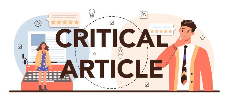 Vector gratuito encabezado tipográfico de artículo crítico periodista que revisa y clasifica comida o arte especialista que opina sobre trabajos creativos ilustración vectorial plana