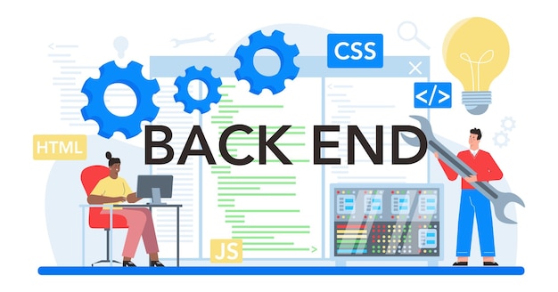 Encabezado tipográfico de back-end proceso de desarrollo de software mejora del diseño de la interfaz del sitio web programación y codificación profesión de ti ilustración de vector plano aislado