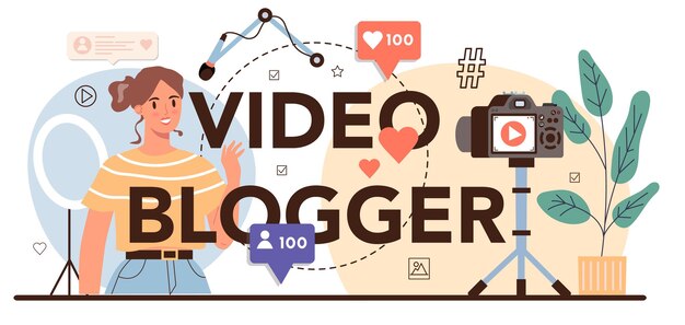 Encabezado tipográfico de blogger de video Compartir contenido multimedia en Internet Idea de redes sociales y red Anuncio de regalo de comunicación en línea Ilustración de vector plano aislado