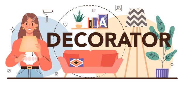 Encabezado tipográfico del decorador Diseñador de interiores que planifica el diseño de una habitación que elige el color de la pared y el estilo de los muebles Renovación de la casa Ilustración vectorial plana aislada