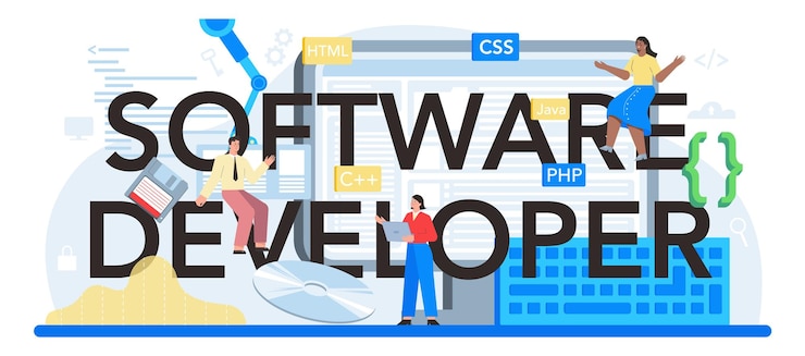 Vector gratuito encabezado tipográfico de desarrollador de software idea de programación y desarrollo de sistemas de codificación tecnología digital empresa de desarrollo de software escribiendo código ilustración vectorial aislada