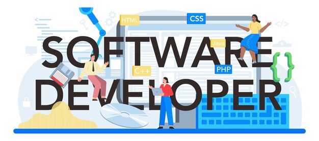 Encabezado tipográfico de desarrollador de software Idea de programación y desarrollo de sistemas de codificación Tecnología digital Empresa de desarrollo de software escribiendo código Ilustración vectorial aislada