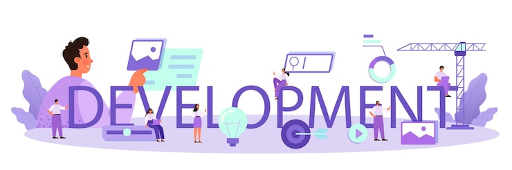 Vector gratuito encabezado tipográfico de desarrollo presentación de contenido en páginas web composición de diseño de sitio web y desarrollo de color idea de tecnología informática ilustración de vector plano