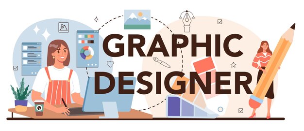 Encabezado tipográfico de diseñador gráfico Artista creando publicidad moderna Dibujo digital para el concepto de diseño de producto Vector de ilustración plana
