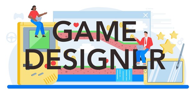 Encabezado tipográfico del diseñador de juegos Proceso creativo de un diseño de videojuegos de computadora Programación de tecnología digital Codificación y prueba Ilustración de vector plano aislado