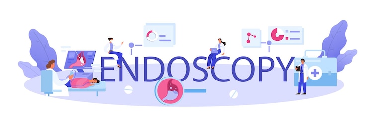 Vector gratuito encabezado tipográfico de endoscopia idea de atención médica y tratamiento estomacal el médico examina el órgano interno examen de gastroenterología ilustración vectorial