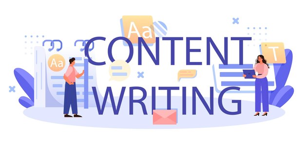 Encabezado tipográfico de escritura de contenido Orador profesional o periodista escribe un discurso para un anuncio público Redactor creando texto para medios Ilustración vectorial plana