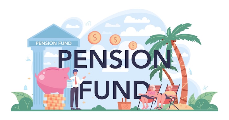 Vector gratuito encabezado tipográfico del fondo de pensiones ahorro de dinero para la idea de independencia financiera de jubilación plan de pensiones de economía y riqueza ilustración vectorial en estilo de dibujos animados