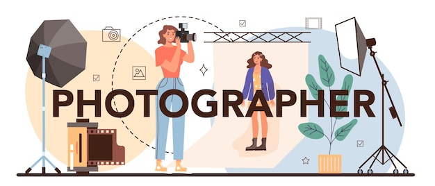 Encabezado tipográfico de fotógrafo Fotógrafo profesional con cámara tomando fotografías en un estudio Ocupación artística y periodismo fotográfico Ilustración de vector plano aislado