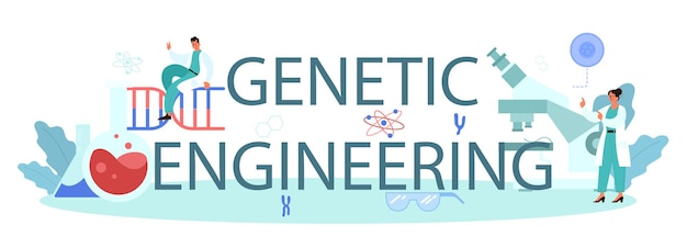 Encabezado tipográfico de ingeniería genética medicina y tecnología científica trabajo científico con estructura molecular análisis e innovación ilustración vectorial en estilo de dibujos animados