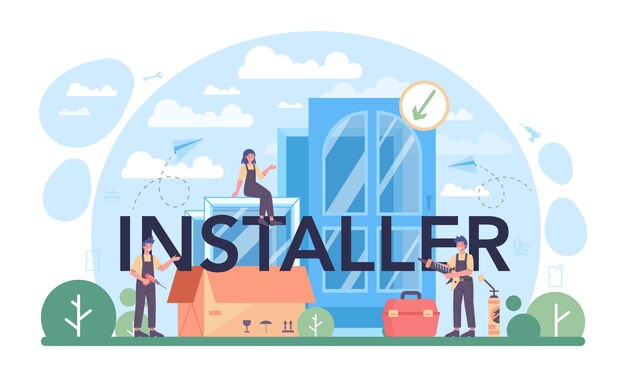 Encabezado tipográfico del instalador Trabajador en uniforme instalando ventanas y puertas Equipo de reparadores de servicio profesional Renovación de la casa del servicio de construcción Ilustración de vector plano aislado