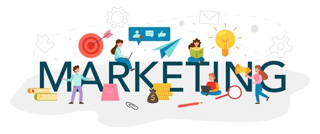 Encabezado tipográfico de marketing Promoción empresarial curso escolar educativo comunicación con el cliente y publicidad de productos a través de redes sociales Ilustración vectorial plana