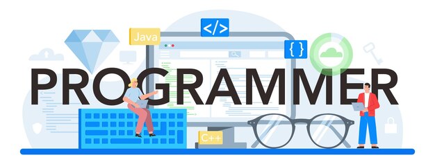 Encabezado tipográfico del programador Idea de prueba de codificación y programa de escritura usando Internet y software diferente Desarrollo y optimización de sitios web Ilustración vectorial aislada