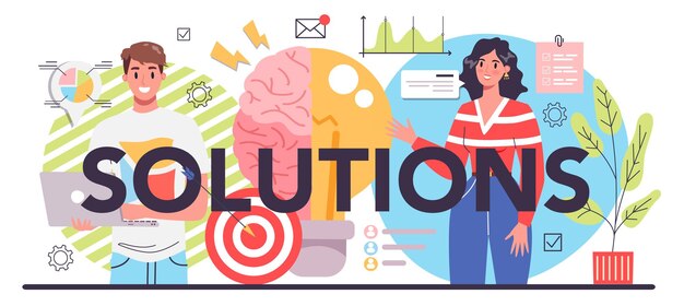 Encabezado tipográfico de soluciones Resolviendo el problema y encontrando una solución creativa Gente de negocios enfrentando el desafío en un trabajo en equipo Ilustración vectorial plana