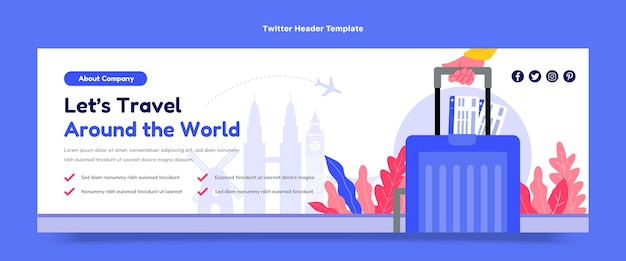 Vector gratuito encabezado de twitter de agencia de viajes plana