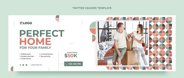 Encabezado de twitter de bienes raíces de diseño plano