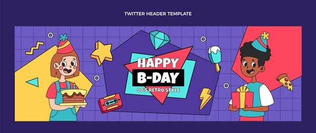 Vector gratuito encabezado de twitter de cumpleaños de los 90 dibujados a mano