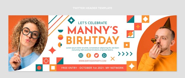 Encabezado de twitter de cumpleaños de mosaico de diseño plano