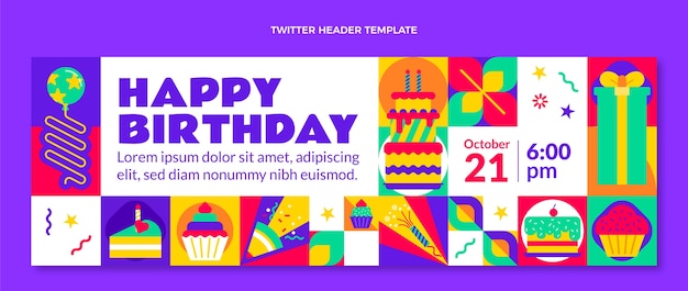 Vector gratuito encabezado de twitter de cumpleaños de mosaico de diseño plano