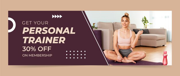 Encabezado de twitter de descuento de entrenador personal de diseño plano