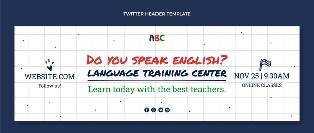 Encabezado de twitter dibujado a mano para lecciones de aprendizaje de inglés