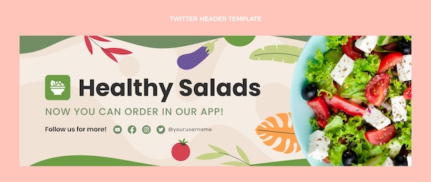 Encabezado de twitter de ensaladas saludables de diseño plano