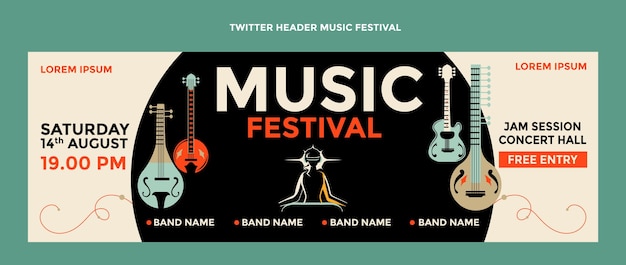 Encabezado de twitter del festival de música colorido dibujado a mano