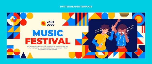 Encabezado de twitter del festival de música de mosaico de diseño plano