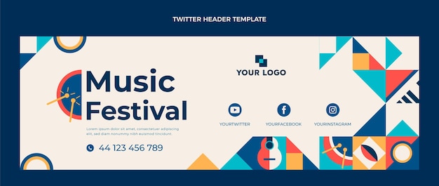 Vector gratuito encabezado de twitter del festival de música de mosaico plano