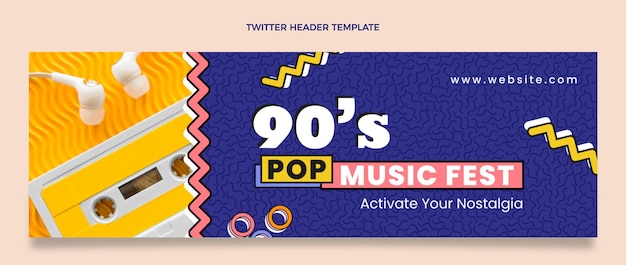 Vector gratuito encabezado de twitter del festival de música nostálgico de los 90