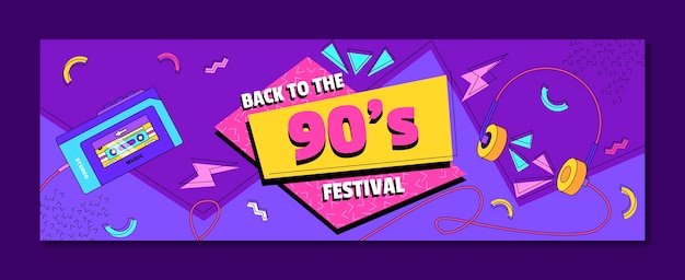 Vector gratuito encabezado de twitter del festival de música nostálgico de los años 90 de diseño plano