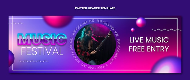 Vector gratuito encabezado de twitter de festival de música de textura degradada