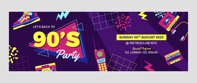 Encabezado de twitter de fiesta de los 90 colorido de diseño plano
