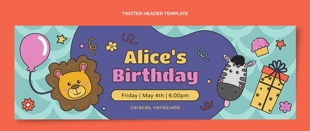 Encabezado de twitter de fiesta de cumpleaños de dibujos animados dibujados a mano
