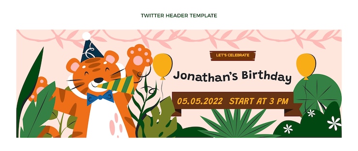 Vector gratuito encabezado de twitter de fiesta de cumpleaños de selva de diseño plano dibujado a mano